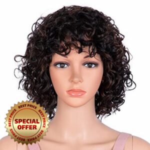 Joedir Short Curly Wigs for Women Black Color Curly Human Hair Wig with Bangs None Lace Front Wigs ( Black Mixed Brown Color)