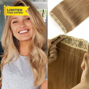 Ugrace Hair Fishing line Hair Extensions Real Human Hair #27 Dark Blonde 16 inch 80g Hairpiece with Invisible Fish Line Straight Clip in Human Hair Extensions for Wome