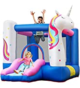 COSTWAY Kids Bouncy Castle, Inflatable Bouncer House with Slide, Basketball Rim, Jumping Area and...