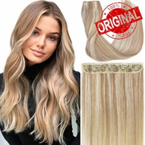 Ugrace Hair Fishing line Hair Extensions Real Human Hair Light Blonde Highlighted Golden Blonde 14 inch 70g Hairpiece with Invisible Fish Line Straight Clip in Human Hair Extensions for Wome