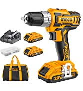 INGCO 20V Impact Drill Set, Lithium-Ion Brushless Electric Drill Tools 531 in-lbs 1/2 Inch Keyles...