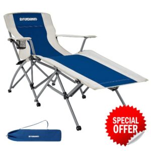 FUNDANGO Folding Reclining Lounger Chair Recliner Garden Chair with Footrest Cup Holder Armrest Heavy Duty Camping Chair for Outdoor