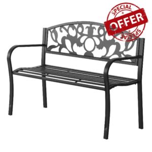 Outsunny 2 Seater Outdoor Patio Garden Metal Bench Park Yard Furniture Porch Chair Seat Black 128L x 91H x 50W cm