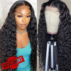 Water Wave Wigs Unprocessed Human Hair Lace Frontal Wigs Wet Wavy Human Hair Wig Brazilian Deep Curly Transparent Lace Front Wigs for Black Women Water Wave Lace Wig Pre Plucked With Baby Hair 16Inch