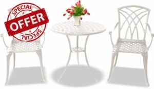 Centurion Supports OSHOWA Luxurious Garden & Patio Table & 2 Large Chairs with Armrests Cast Aluminium Bistro Set - White