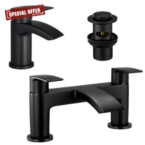 Mighbow Bath and Basin Mixer Taps Set with Pop up Waste Matte Black Waterfall Bathroom Sink Tap & Bathtub Filler Tap Cloakroom Mono Brass