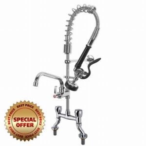 2 Hole Adjustable Bridge Sink Tap Commercial Kitchen Pre-Rinse Mixer Faucet with Swivel Spout and High Pressure Spray Gun Brass Body Chrome Plated