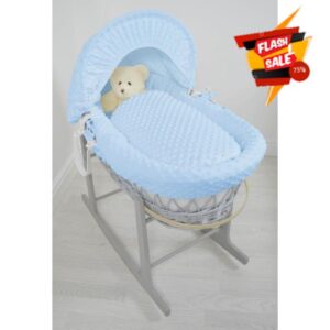 SOHOBABY ™ British Made Grey Wicker Moses Basket With Blue Popcorn Dressing. Rocking Stand Included