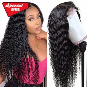 4x4 Deep Wave Lace Closure Wigs Brazilian Deep Curly Lace Front Wigs Wet Wavy Human Hair Pre Plucked Hairline with Baby Hair Glueless Deep Wave Peruvian Virgin Human Hair Wigs for Black Women 24 Inch