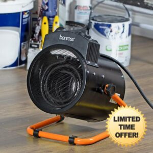 Benross 42458 Deluxe Industrial Fan Heater / Adjustable Thermostatic Control / Cool Air Setting / Tilting Design / Portable With Carry Handle / IPX4 Waterproof / Orange Frame