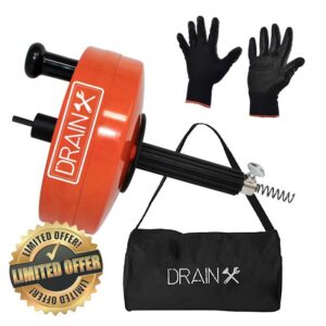 DrainX Power Pro 25-FT Steel Drum Auger Plumbing Snake with Drill Attachment | Use Manually or Powered | Heavy Duty Drain Cleaning Cable with Work Gloves and Storage Bag Included