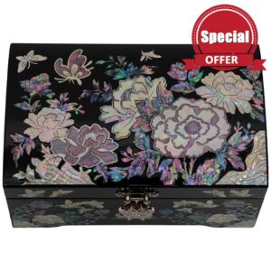 February Mountain Mother of Pearl Jewelry Organizer Box Gift for her Jewelry Boxes for Women 2 Layers Jewelry Storage Case with Large Mirror Antique Vintage Room décor Trinket Keepsake Box