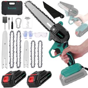 Mini Chainsaw Cordless 6-inch & 4-inch 26v 2-in-1 Portable Combination Electric Chainsaw Set for Garden/Courtyard Secateurs Pruning Wood Cutting (2 Batteries/4 Chains)            [Energy Class A+++]