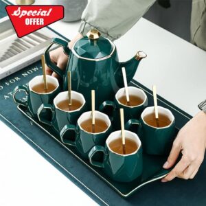 DUJUST 14 pcs Tea Set of 6 with Tea Tray & Spoons
