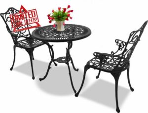 Homeology TABREEZ Garden & Patio Table & 2 Large Chairs with Armrests Cast Aluminium Bistro Set - Black