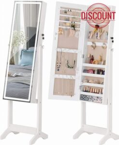 LUXFURNI LED Light Jewelry Cabinet Standing Full Screen Mirror Makeup Lockable Armoire