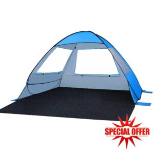 Beach Tent Pop up Shade Canopy: UPF 50+ Large Sun Shelter for 3-4 Person Portable Cabana Sunshade Instant Easy Setup UV Protection Tents Umbrella Foldable & Windproof with Extended Floo