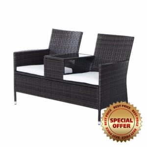 Outsunny Garden Rattan 2 Seater Companion Seat Wicker Love Seat Weave Partner Bench w/Cushions Patio Outdoor Furniture (Brown)