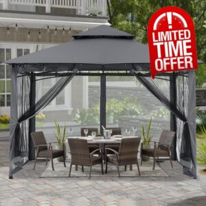 ABCCANOPY 2.5x2.5M Gazebos With Netting for Patios Double Roof Soft Canopy Garden Backyard Gazebo for Shade and Rain (Gray)