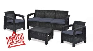 Keter Corfu Outdoor 5 Seater Rattan Sofa Furniture Set with Accent Table