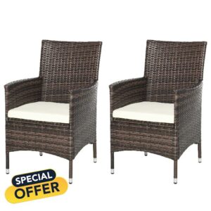 Outsunny 2 PC Outdoor Rattan Armchair Dining Chair Garden Patio Furniture w/Armrests Cushions Mixed Brow