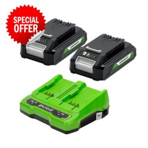 Greenworks 24V Starter-Kit GSK24B2X with 2x2Ah batteries and universal charger (Li-Ion 24V 2Ah output 48W/2A suitable for all devices and batteries of the 24V and 2x24V Greenworks series)
