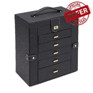 Amazon Basics Large Jewellery Box with 6-Layer Leather and Side Storage - Black
