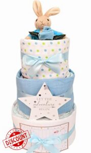 Peter Rabbit New Baby Boy Gifts for a New Born Baby Boy Gift Set Beatrix Potter - Blue 3 Tier Nappy Cake Baby Boy Gift Hamper Peter Rabbit Present for Baby Shower & New Parent Gifts