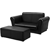 COSTWAY 2 Seater Kids Sofa, Upholstered Toddler Couch Armchair with Footstool, Sturdy Wood Constr...