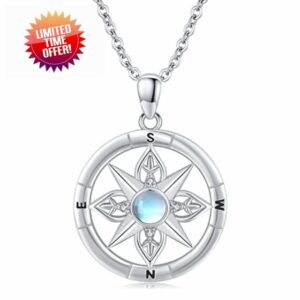 SlowSloth Compass Necklace 925 Sterling Silver Moonstone Compass Necklace for Women Compass Pendant Necklace Moonstone Jewellery Gifts for Women Girls Wife