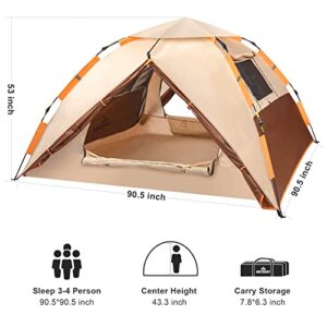 Pop up Tent 4 Person Family Dome Tent Waterproof Windproof with 2 Mesh Doors