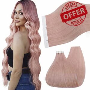 Ugeat Hair Extensions Tape in 24 Inch Hair Extensions Glue in Human Hair Pale Pink Hair Extensions Tape in 25 Grams Hair Extensions Tape in Remy Hair Extensions Pink Hai