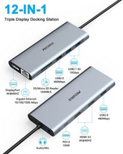 12 in 1 USB C Hub Multiport Adapter Dual Monitor Dock Laptop Docking Station with DisplayPort HDMI USB 3.1/2.0 100W PD USB-C RJ45 Audi for MacBook M1M2