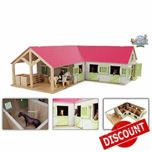 Kids Globe Farming Riding Farm Pink Farm Horse Stable Wooden 1:24 with 3 Boxes Toy Horse Farm with Practical Folding Roof