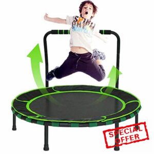 36'' Kids Trampoline Mini Foldable Fitness Trampoline with Adjustable Foam Handrail and Safety Padded Protective Cover Exercise Bungee Rebounder Jumper Indoor/Outdoor Use for Toddler Boys Girls