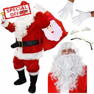Deluxe Professional Santa Costume Father Christmas Suit Fancy Dress Costume - 12 Piece Velour Quality Plus Sized Santa Claus Costume Adults St Nick Plush X-Mas Outfi