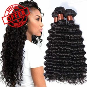 BLACKMOON HAIR Brazilian Virgin Hair Deep Wave Bundles 3 Bundles Unprocessed Virgin Human Hair Extension Deep Curly Hair Weave Natural Black Color(14 16 18 Inch)