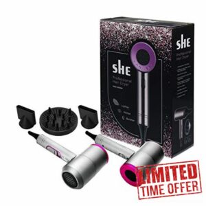 SHE Professional Hair Dryer Fuchsia and Grey Diffuser and nozzles