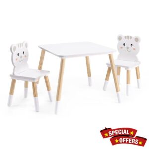 Navaris Kids Wooden Table and Chairs - Children's Wood Desk and 2 Chair Furniture Set for Child Bedroom Play Area Dining Room Study - White Cat Desig