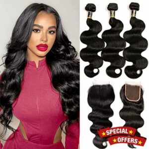 Yavida Brazilian Hair Bundles with Closure 9A Brazilian Body Wave Bundles with Closure 100% Remy Human Hair Natural Black 14 16 18+12 Inch