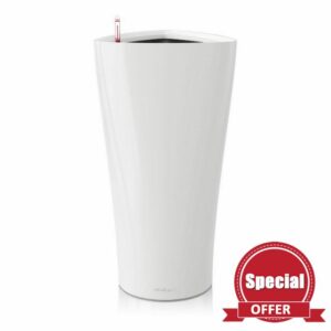LECHUZA DELTA 40 Self Watering Planter Large Garden Flower Plant Pot Indoor/Outdoor Floor with Planter Drainage Hole and Plant Substrate Poly Resin D40 H75 cm White High-Gloss