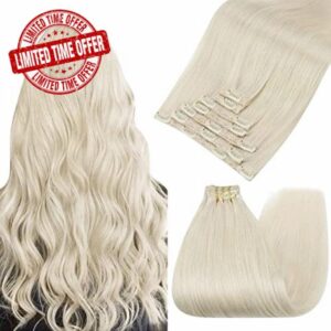 Ugeat Human Hair Extensions Clip in 55 cm Clip in Hair Extensions #60A White Blonde Hair Extensions Clip in Human Hair 120 Grams Clip in Hair Extensions Double Weft 8 Pieces