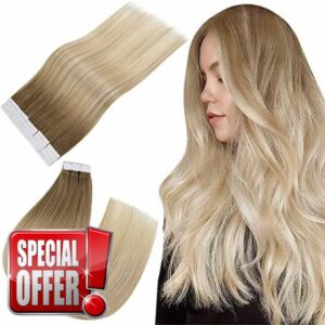 Easyouth Remy Tape in Hair Extensions Human Hair Brown to Platinum Blonde Balayage Tape in Real Hair 16 Inch 40g 20Pcs Invisible Tape in Extensions Natural