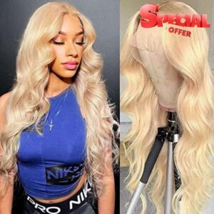 613 Blonde Lace Front Wigs Human Hair Body Wave 13x4 HD Lace 613 Frontal Wig Pre Plucked Bleached Knots with Baby Hair 150% Density 10A Brazilian Blonde Wig Human Hair for Women (18Inch)