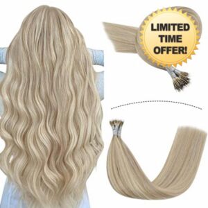 YoungSee Nano Beads Hair Extensions Blonde 18 Inch Nano Hair Extensions Real Human Hair Blonde Highlights Ash Blonde Nano Rings Hair Extensions Human Hair 50s/50g #18/613
