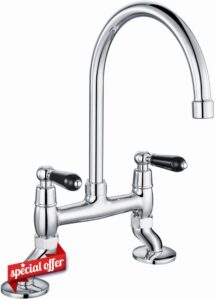 Traditional Kitchen Sink Bridge Mixer Tap Dual Black Handle 2 Hole Deck Mount Tap Monobloc Swivel Spout Chrome