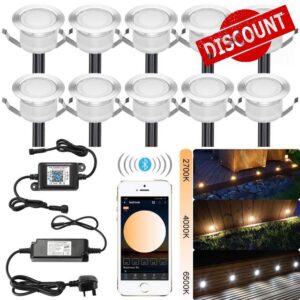 GEYUEYA Home LED Decking Lights Ø45MM Decking Patio Lighting 2700K-6500K CCT White Dimmable Bluetooth APP Control IP67 Waterproof Recessed Light for Terrace Garden Stairs Steps Kitchen - 10 Packs