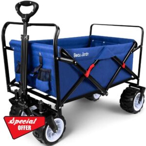BEAU JARDIN Folding Wagon Cart 300 Pound Capacity Collapsible Utility Camping Grocery Canvas Sturdy Portable Rolling Lightweight Buggies Outdoor Garden Sport Heavy Duty Shopping Wide All Terrain Wheel