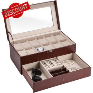 Procase 2 Layers Watch Box Jewellery Watch Storage Box with Glass Lid