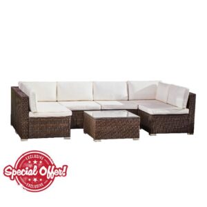Teamson Home 7 Piece Outdoor Garden Woven Rattan Multipiece Sectional Corner Sofa & Glass Table